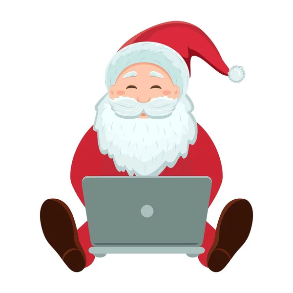 Noel Baba dizüstü bilgisayarının başında oturuyor. Noel ve Yeni Yıl. Noel Baba e-posta dilek mektuplarını okuyor. Web tasarımı için modern Noel Baba. Tatiller, semboller, gelenekler. Vektör. Beyaz arkaplan. 