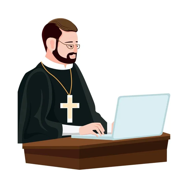 Priest Sits His Laptop Computer Saint Black Cassock Communicates Online — Stock Vector