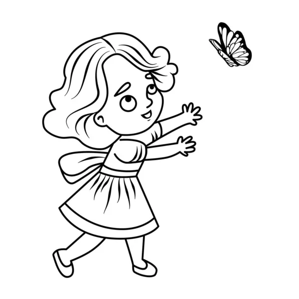 Little Girl Chasing Butterfly Funny Fun Illustration Vector Coloring Book — Stock Vector