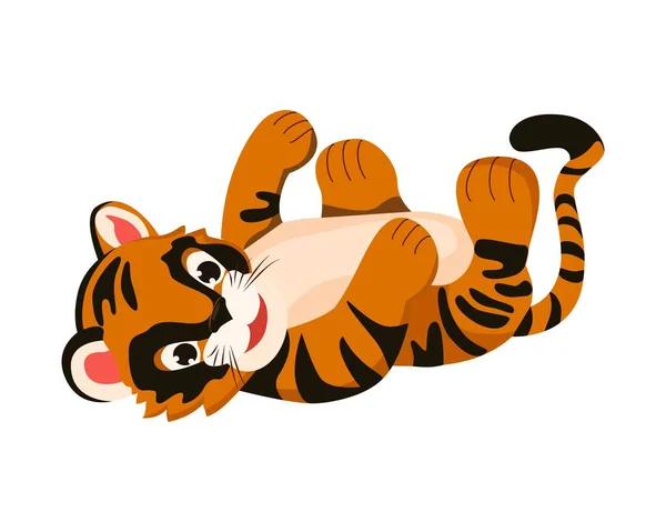 stock vector A baby tiger lying on its back. Funny animal. Vector drawing of a wild mammal. Little playful tiger cub on white background. Used for web design