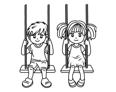 Bir kız ve bir oğlan salıncakta oturuyor. Boyama kitabı. Vektör çizimi. Çocuk çizimi. Beyaz arka plan. Doğrusal düz çizim. 