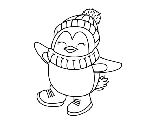 Penguin Cartoon Bird Funny Antarctic Character Skates Coloring Book Children — Stock Vector