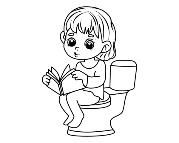 一个小女孩手里拿着一本书在厕所里呆着 在厕所看书 一个孩子早上的厕所时间 漫画书 儿童彩色书 — 图库矢量图片