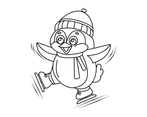 Забавный Пингвин Катается Коньках Иллюстрация Комиксов Вектор Белый Фон Раскраска — стоковый вектор