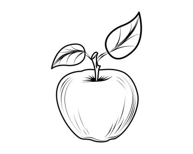 Elma. Meyve. Katılım çizimi. Çocuklar için boyama kitabı. Çizgi. Simge. Beyaz arka plan. Tasarım, öğretim, baskı ve web tasarımı kavramı. Çıkartmalar, şablonlar ve şablonlar için de kullanılır..