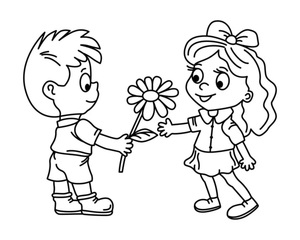 Boy gives a flower to a girl. Comic, contour drawing for web design. Used in magazines, books as anti-stress, in school drawing program. Children's literature, folklore, holidays, calendar, postcard