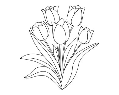 Bir buket çiçek. Lale. Siyah beyaz şablon. Dövme olarak Contour süsü. Vektör. El çizimi. Arkaplan, katalog, kartpostal için kullanılabilir.