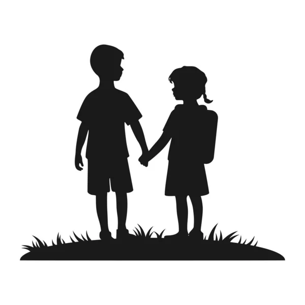 stock vector A girl and a boy are holding hands. Silhouette with children in nature. Used for print, web design, stickers, banners, posters. Holidays, events, stories. World Children's Day.