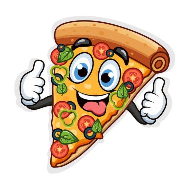 Pizza karakteri. Komik karikatür çizimi. Beyaz arkaplanda vektör grafikleri. Yiyecekler. Simge. Web tasarımı, baskılar, çıkartmalar, yemek şirketlerinin reklamları için kullanılabilir.. 