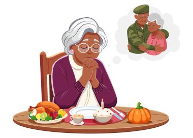 Yaşlı bir Afrikalı Amerikalı kadın yemek masasında oturup Şükran Günü 'nü tek başına kutluyor. Sevdiği için, kocası için, savaşa giden oğlu için düşünüyor ve dua ediyor. Üzüntüyle hatırla. Vektör. Çizgi film.