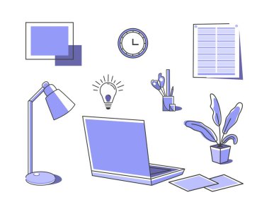 Masa başı için eşyalar. İçişleri Bakanlığı. Düz, doğrusal, basit desen. Dizüstü bilgisayar, saat, kağıt, planlayıcı, çiçekler, lamba, kırtasiye, resim, kitap