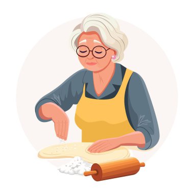 Yaşlı bir kadın ekmek pişirmek için un hamuru hazırlıyor. Büyükanne, bir mutfak işçisi, satılık bir ürün hazırlıyor. İş yerinde ya da evde yemek pişirme kavramı. Fabrikada un üretiyorum..