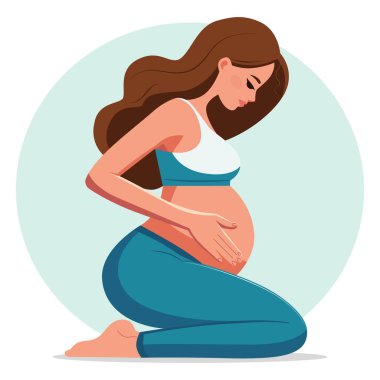 Bir kız bebek bekliyor. Diz çöküp karnını okşayan bir kadın karakter. Anneler ve Çocuklar Günü için tatil konsepti. Sağlık ve ilaç. Web tasarımı, reklamcılık için kullanılabilir.