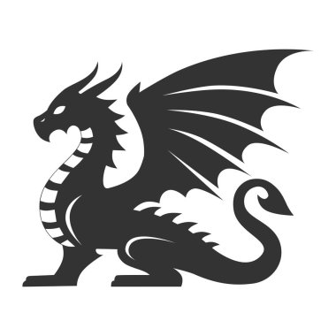 Siyah bir ejderha silueti. Yakın plan. 2024 yılının sembolü. Geleneksel çizim, burç işareti. Kolaj ve web tasarımı için baskı, şablon, pul olarak kullanılır.