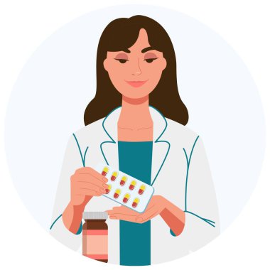 Eczacının elinde bir kutu hap var ve bir şişeyi işaret ediyor. Tıp üniformalı bir kız tıbbı gösteriyor. Vektör. Yuvarlak, yakın plan. 