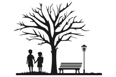 Doğada bir ağaç ve bankın yanında el ele tutuşan çocukların siyah silueti. Vektör. Şeffaf arka plan. Web tasarımı için kullanılabilir.