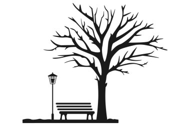 Park alanının siyah silueti. Büyük bir ağacın altında fenerli bir bank. Yazdırma ve web tasarımı için vektör düz grafik monokrom deseni.