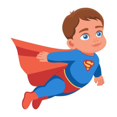 Süpermen kostümlü küçük çocuk. Uçan Süpermen pozu veren bir çocuğun şirin yakın plan çizimi. Vektör. Grafikler. Web tasarımı, baskı kitapları, dergiler, giysiler için kullanılabilir