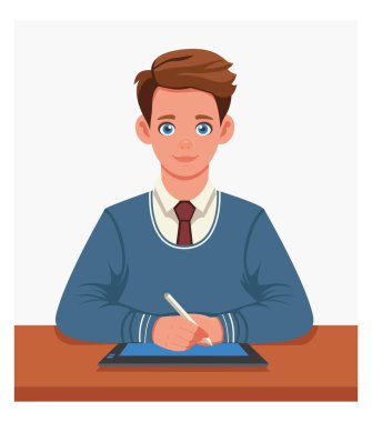 Bir öğrenci grafik tableti kullanarak bir masada oturup grafik tasarımcısı olmak için çalışır. Dokunmatik ekranda sanatçı çizimi. Vektör. Çizgi film konsepti: Öğrenim, çalışma, pratik ve meslek edinme, ofiste staj..