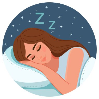 Bir kız gece uyuyakalır ve rüya görür. Vektör. Sağlıklı uyku temasının çizgi film çizimi. Reklam, makale, baskı ve web tasarımı için kullanılır. 