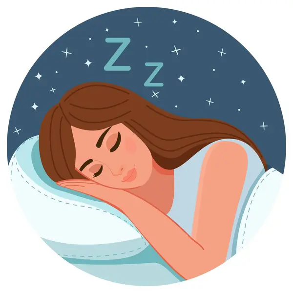 Bir kız gece uyuyakalır ve rüya görür. Vektör. Sağlıklı uyku temasının çizgi film çizimi. Reklam, makale, baskı ve web tasarımı için kullanılır. 