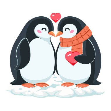 Birbirine aşık iki penguen. Tatil kavramı, tebrikler ve yıldönümleri. Web tasarımı ve yazdırma için kullanılır.