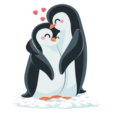 Birbirini seven iki penguen karşı karşıya gelmiş. Penguen günü, tatil, baskı, çıkartma, tebrik kartı. Çizgi film illüstrasyonu.