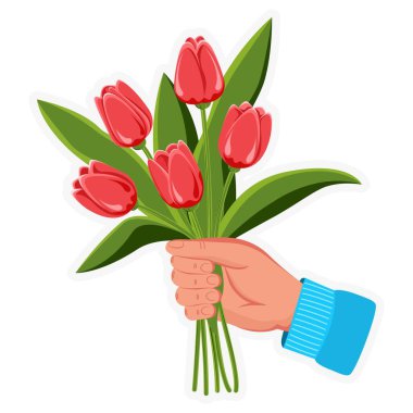 Elimde bir buket lale var. Bahar Nisan kır çiçekleri. Vektör. Çizgi film illüstrasyonları tatil ve selamlama, baskı, çıkartma ve web tasarımı için kullanılır.. 