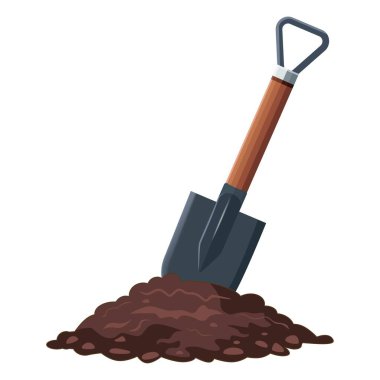 Toprağa kazılmış bir bahçe küreği. Vektör. Bahçede ve sebze bahçesinde ılık mevsim konsepti. Dacha sezonu için bahçe aletleri. Doğa, bahar, yaz, sonbahar. 