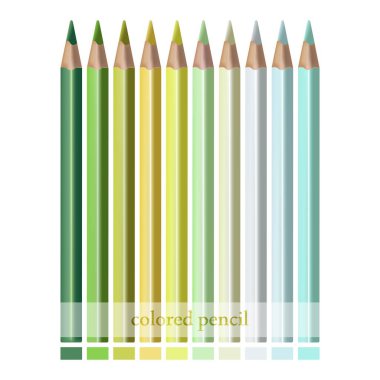 Set of colored pencils. Ten pastel shades from green to turquoise. Vector. Modern color palette. Used for collage and web design. clipart