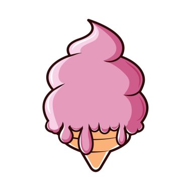 Waffle külahında çilekli dondurma. Meyveli pembe dondurma. Basit, taslak çizim. Çizgi film. Yakın plan. Web tasarımında kolaj için kullanılır