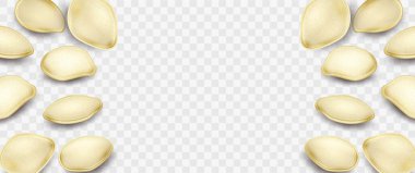 Şeffaf arkaplanda kabak tohumları olan reklam pankartları. Ürün ambalajının reklam, pazarlama ve web tasarımında kullanılır.