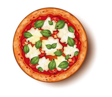 Klasik mozzarella, domates ve fesleğen soslu Margherita pizzası. Restoran menüleri, yemek teslimatı reklamları ve mutfak blogu tasarımı için kullanılır.