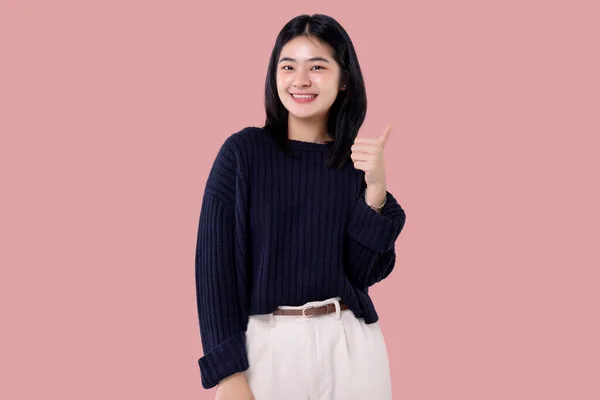 Happy Young Asian Woman Feeling Happiness Gesture Thumb Isolated Pink — Stock Photo, Image