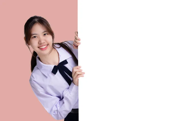 Portrait Lovely Asian Student Girl Thai School Uniform Empty White — Stock Photo, Image
