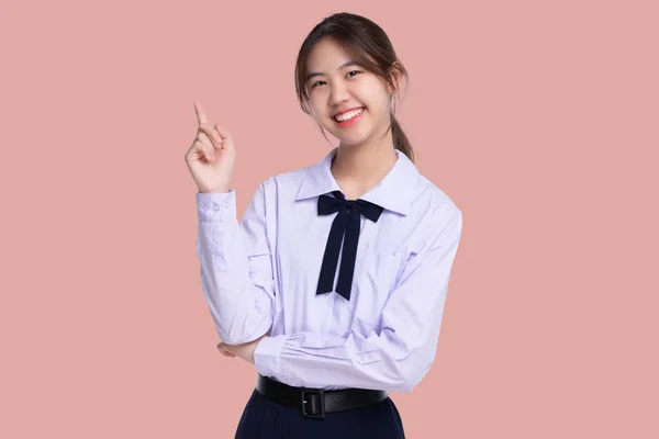 Portrait Lovely Asian Student Girl Thai School Uniform Pointing Finger — Stock Photo, Image