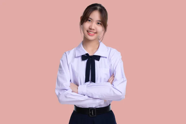 Portrait Lovely Asian Student Girl Thai School Uniform Isolated Pink — Stock Photo, Image