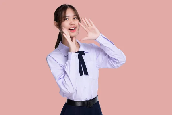 Porträt Schöne Asiatische Studentin Mädchen Thailändischen Schuluniform Öffnung Maus Isoliert — Stockfoto