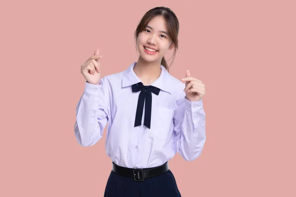 Portrait Lovely Asian Student Girl Thai School Uniform Showing Mini — Stock Photo, Image