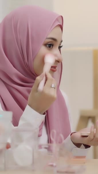 Vertical Young Asian Beautiful Muslim Woman Hijab Looking Mirror Applying — Stock Video