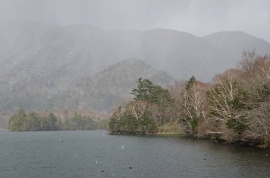 Yunoto Gölü 'ne kar yağışı. Nikko Ulusal Parkı. Japonya.