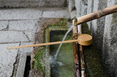 Shimogamo Tapınağı 'nda geleneksel abdest çeşmesi. Shimogamo. Kyoto. Japonya.