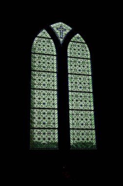 Stained glass windows in the Scriptorium of the Mont-Saint-Michel Abbey. Mont-Saint-Michel. Brittany. France. clipart