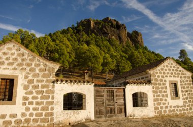 Pijonales orman evi ve Morro de Pajonales uçurumu. Integral Inagua Doğal Rezervi. Tejeda. Büyük Kanarya. Kanarya Adaları. İspanya.