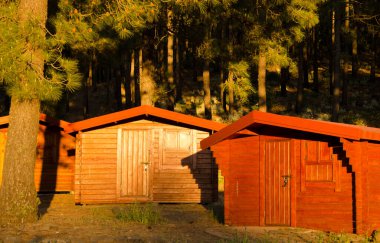 Ormandaki ahşap kulübeler. Cortijo de Huertas. Nublo Kırsal Parkı. Tejeda. Büyük Kanarya. Kanarya Adaları. İspanya.