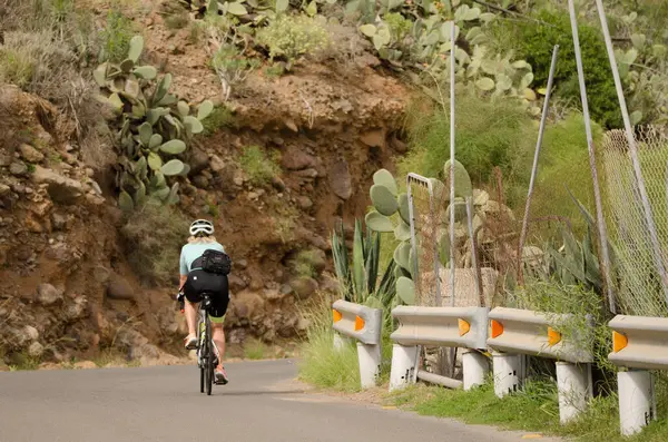 Arginguin vadisinde bir kadın bisikletçi. Büyük Kanarya. Kanarya Adaları. İspanya.