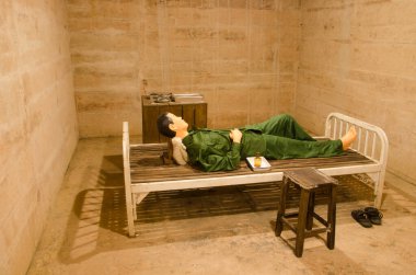 Dummy simulating a wounded vietcom soldier in the infirmary. Hospital Cave. Cat Ba Island. Vietnam.