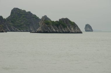 Lan Ha Bay 'deki kireçtaşı kayalıkları. Kedi Ba Takımadası. Vietnam.