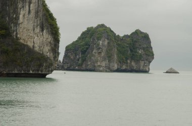 Lan Ha Bay 'deki kireçtaşı kayalıkları. Kedi Ba Takımadası. Vietnam.