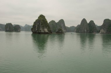 Lan Ha Bay 'deki kireçtaşı kayalıkları. Kedi Ba Takımadası. Vietnam.